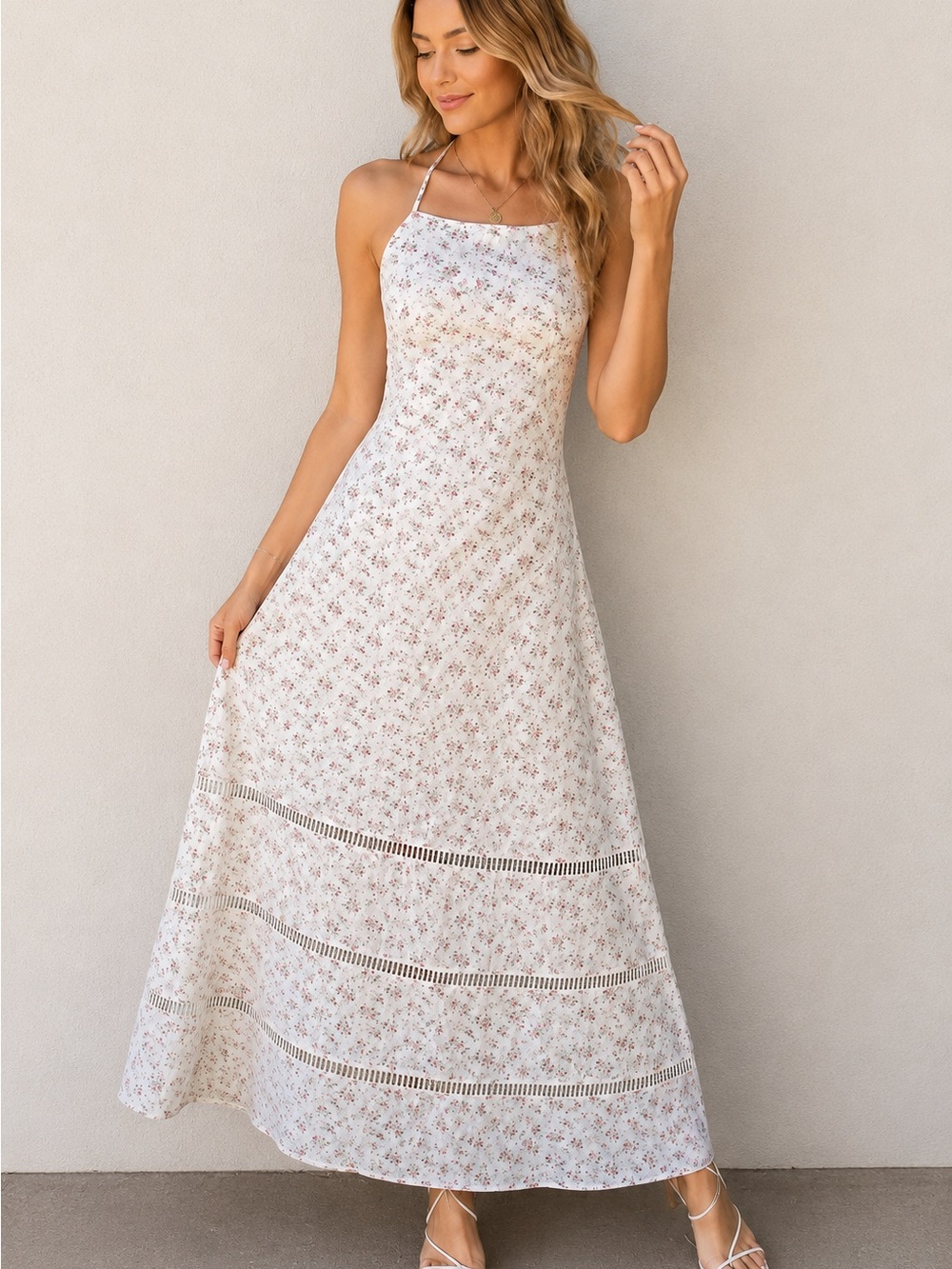 Just Me Floral Lace Overlay Maxi Dress Large Cottagecore Halter Crisscross Back